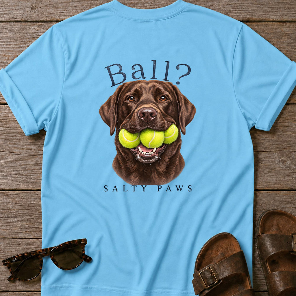 Ball? Chocolate Lab Back Design T-Shirt in Sky, back design flat lay