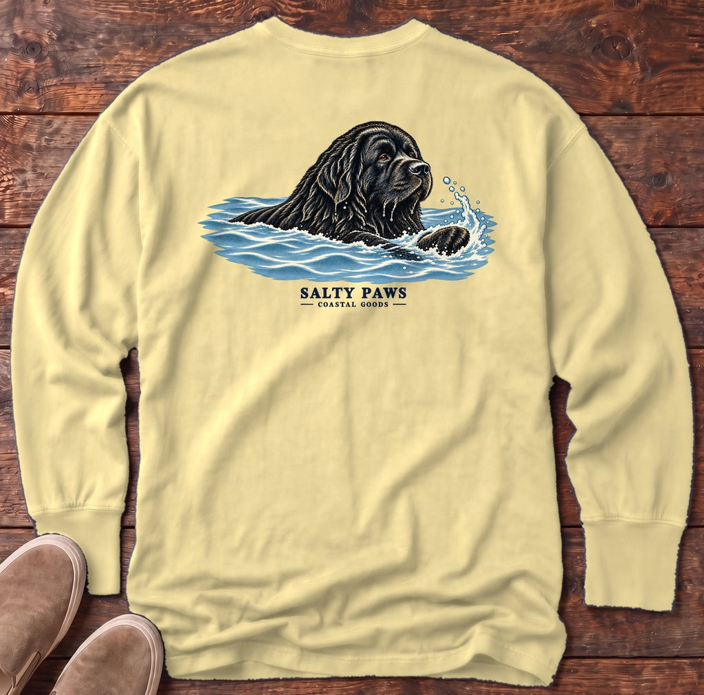 Swimming Newfoundland Back Design Long Sleeve Tee in Butter, Salty Paws Comfort Colors Long Sleeve Tee, back design flat lay