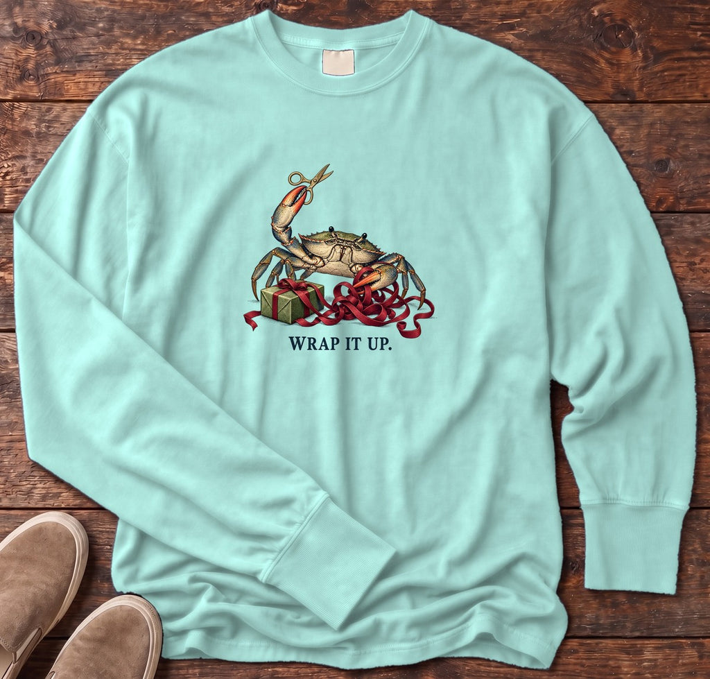 Wrap It Up Crab Long Sleeve Tee in Chalky Mint, Salty Paws Comfort Colors Long Sleeve Tee, front design flat lay