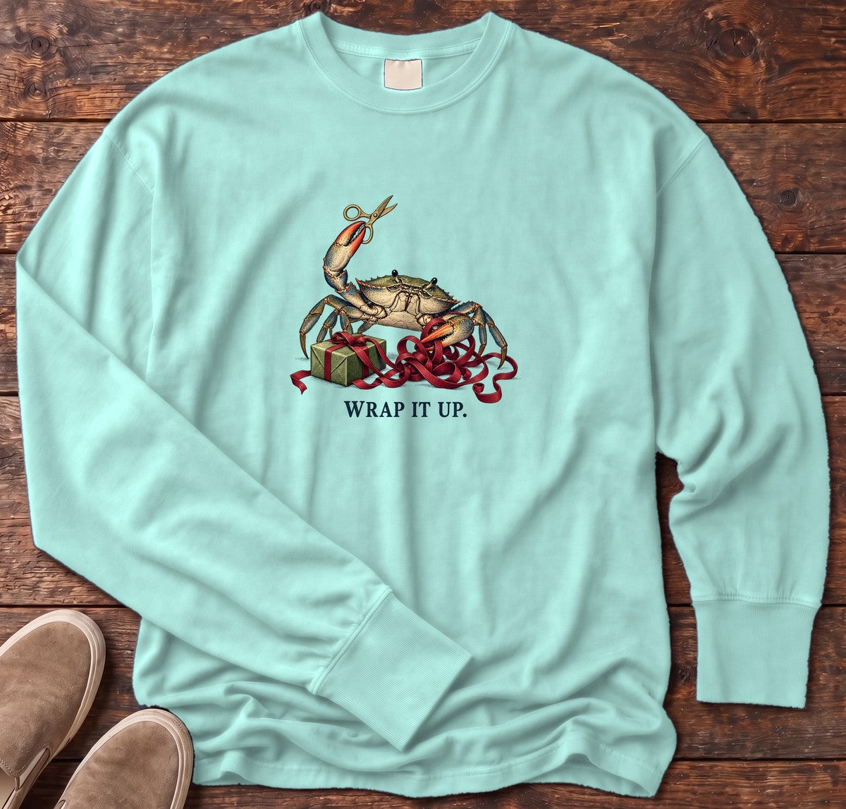 Wrap It Up Crab Long Sleeve Tee in Chalky Mint, Salty Paws Comfort Colors Long Sleeve Tee, front design flat lay