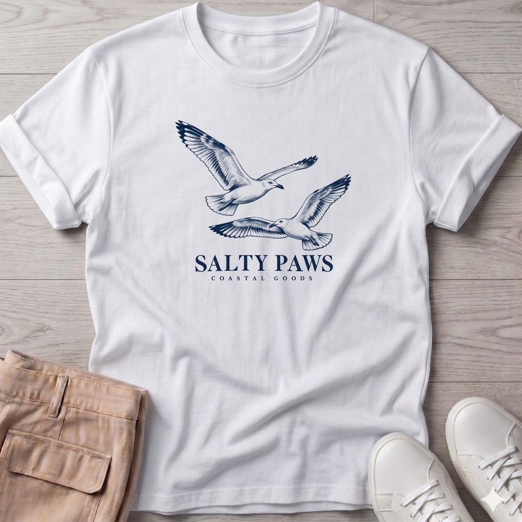 Gull Flight Coastal Goods T-Shirt in White, Salty Paws T-Shirt, front design flat lay