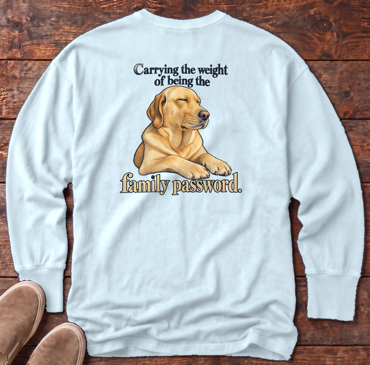 Family Password Labrador Back Design Long Sleeve Tee in Chambray, Salty Paws Comfort Colors Long Sleeve Tee, back design flat lay