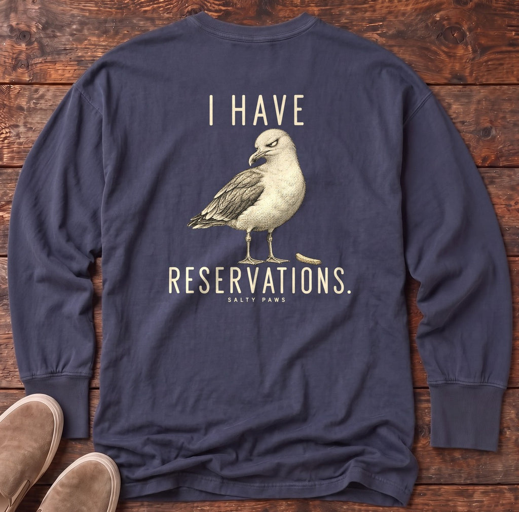 I Have Reservations Gull Back Design Long Sleeve Tee in True Navy, Salty Paws Comfort Colors Long Sleeve Tee, back design flat lay