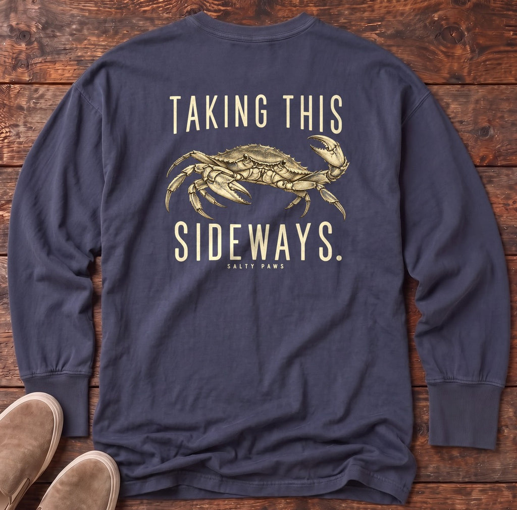 Taking This Sideways Crab Back Design Long Sleeve Tee in True Navy, Salty Paws Comfort Colors Long Sleeve Tee, back design flat lay