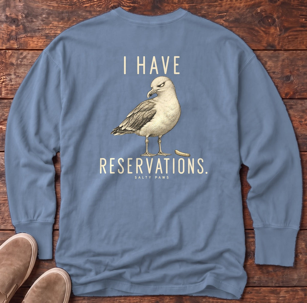I Have Reservations Gull Back Design Long Sleeve Tee in Blue Jean, Salty Paws Comfort Colors Long Sleeve Tee, back design flat lay