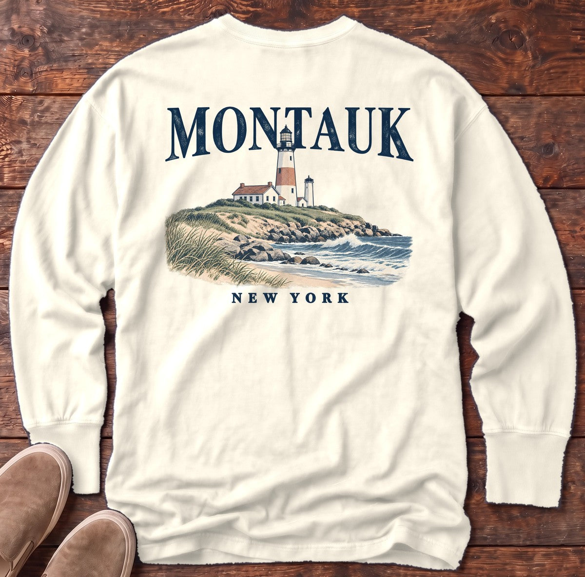 Montauk Lighthouse New York Back Design Long Sleeve Tee in Ivory, Salty Paws Comfort Colors Long Sleeve Tee, back design flat lay