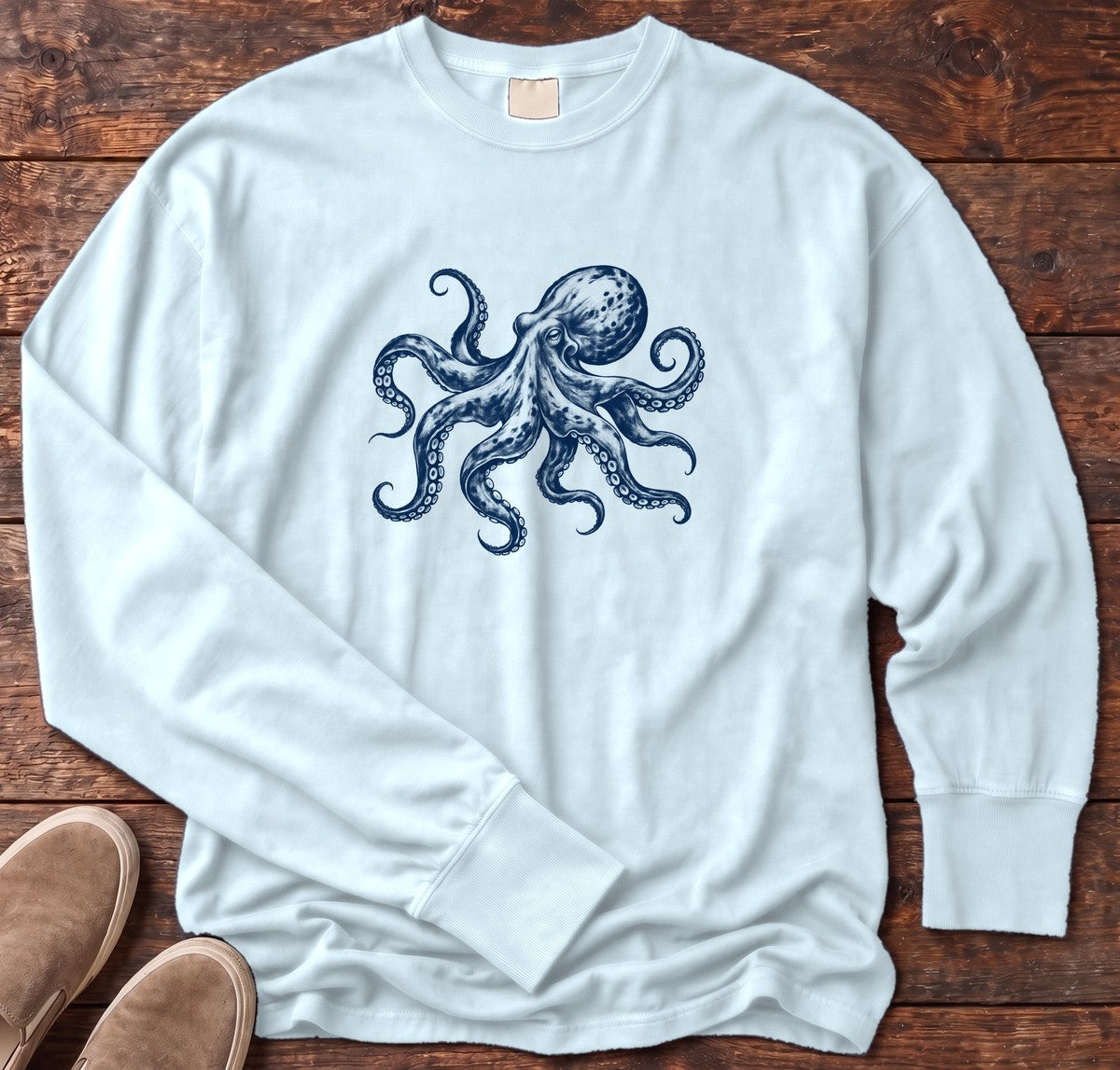 Octopus Long Sleeve Tee in Chambray, Salty Paws Comfort Colors long sleeve tee