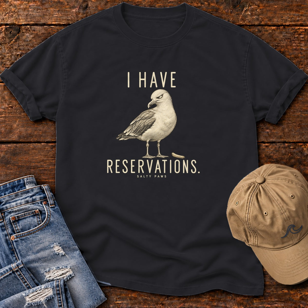 I Have Reservations Seagull T-Shirt in Black, Salty Paws Comfort Colors T-Shirt, front design flat lay