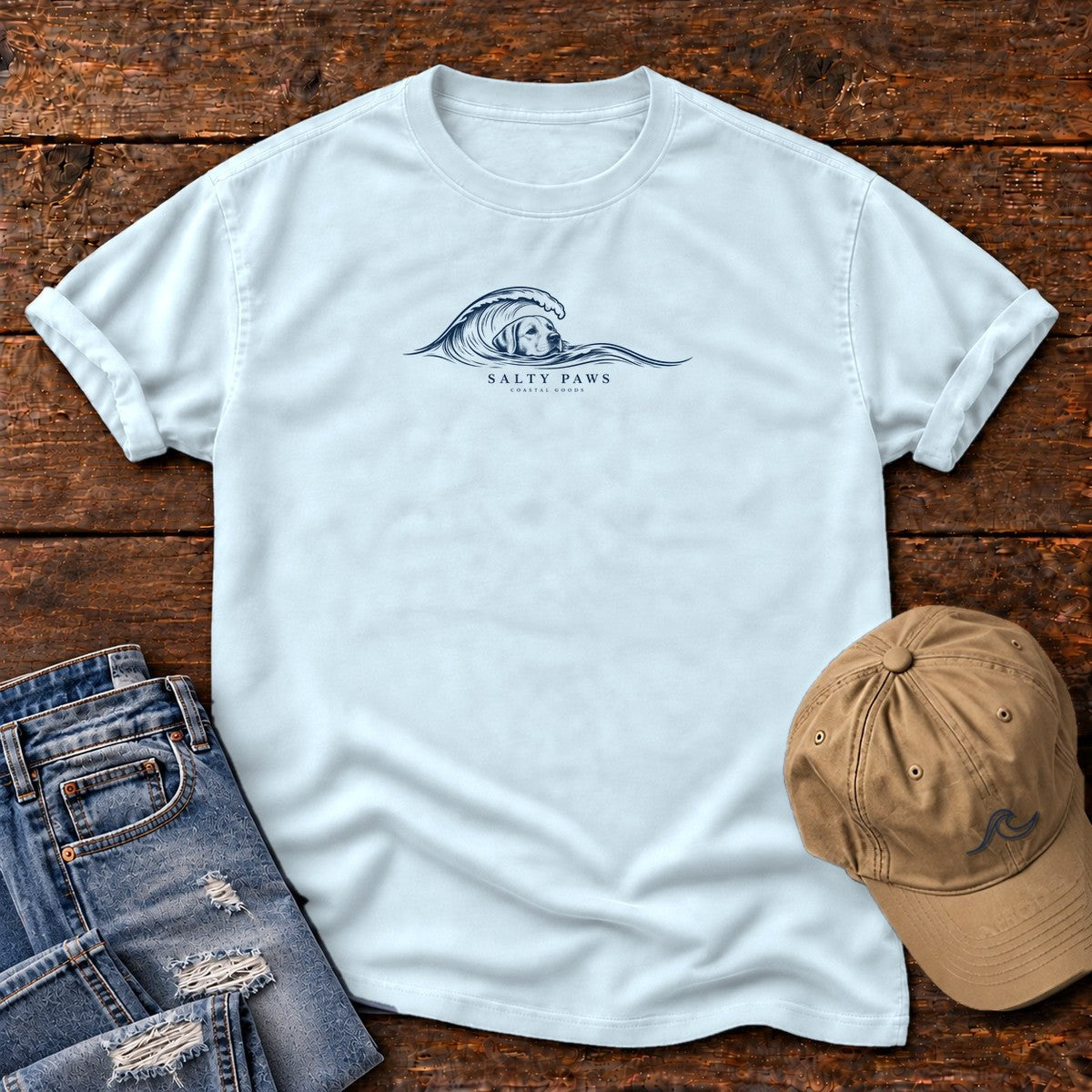 Labrador Wave T-Shirt in Chambray, Salty Paws Comfort Colors T-Shirt, front design flat lay