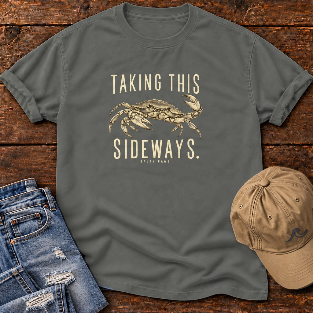 Taking This Sideways Crab T-Shirt in Pepper, Salty Paws Comfort Colors T-Shirt, front design flat lay