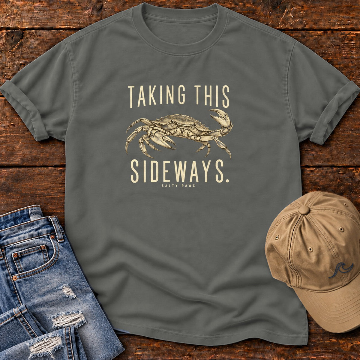 Taking This Sideways Crab T-Shirt in Pepper, Salty Paws Comfort Colors T-Shirt, front design flat lay