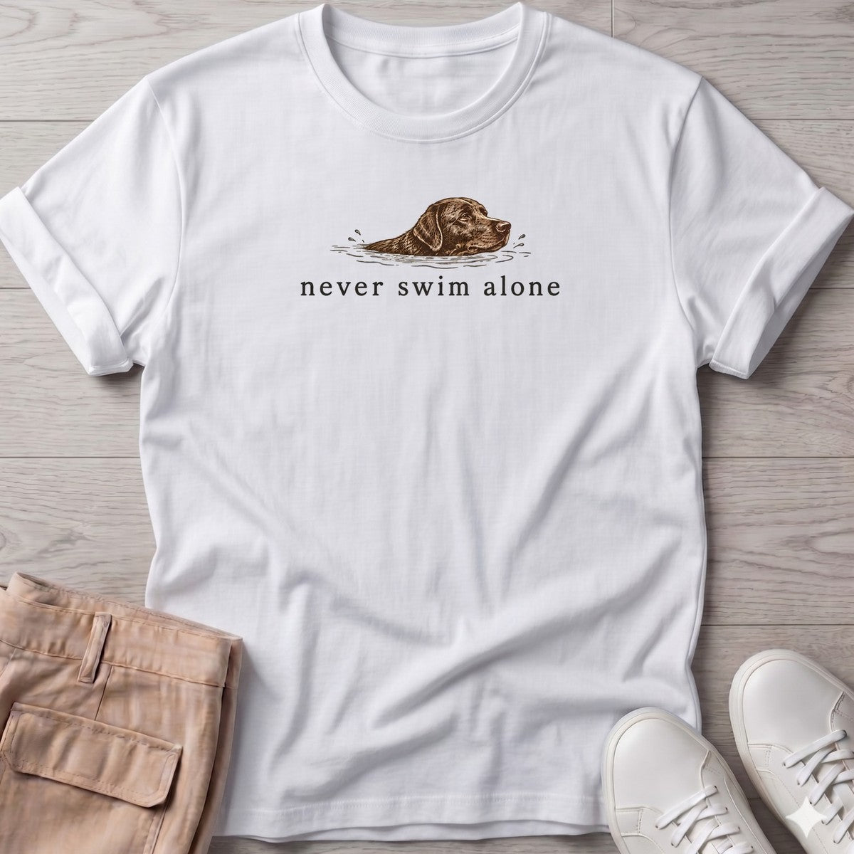 Never Swim Alone Chocolate Lab T-Shirt in White, front design flat lay
