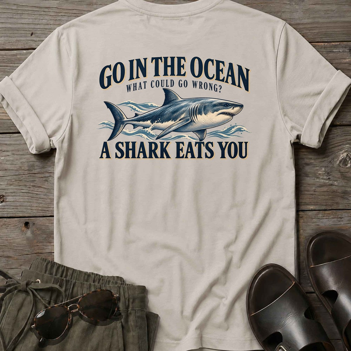 Go in the Ocean Shark Back Design T-Shirt in Ice Grey, Salty Paws T-Shirt, back design flat lay