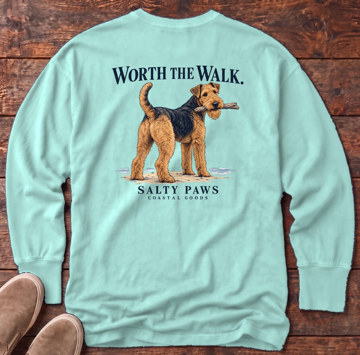 Worth the Walk Airedale Back Design Long Sleeve Tee in Chalky Mint, Salty Paws Comfort Colors Long Sleeve Tee, back design flat lay
