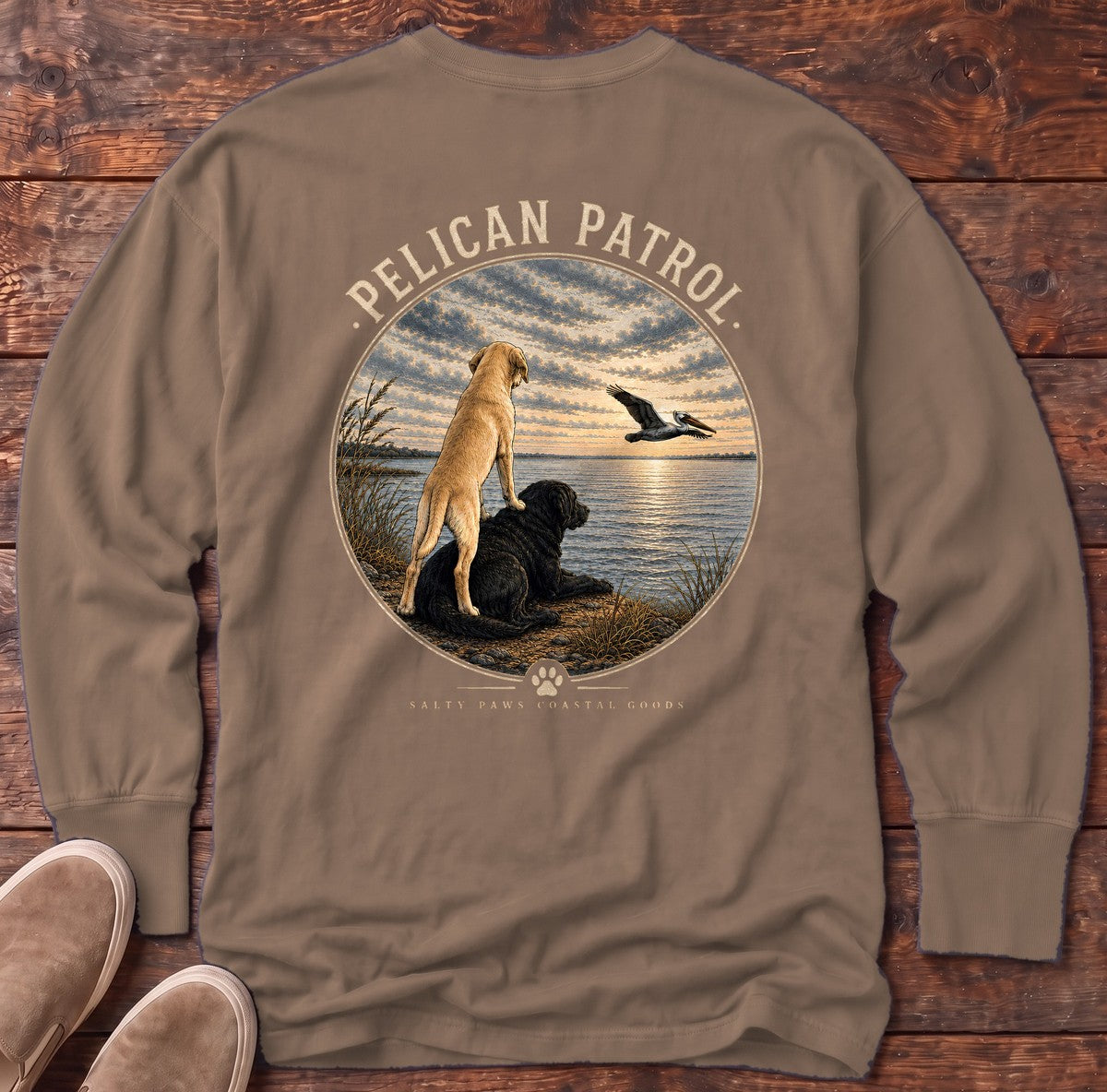 Pelican Labradors Back Design Long Sleeve Tee in Espresso, Salty Paws Comfort Colors long sleeve tee