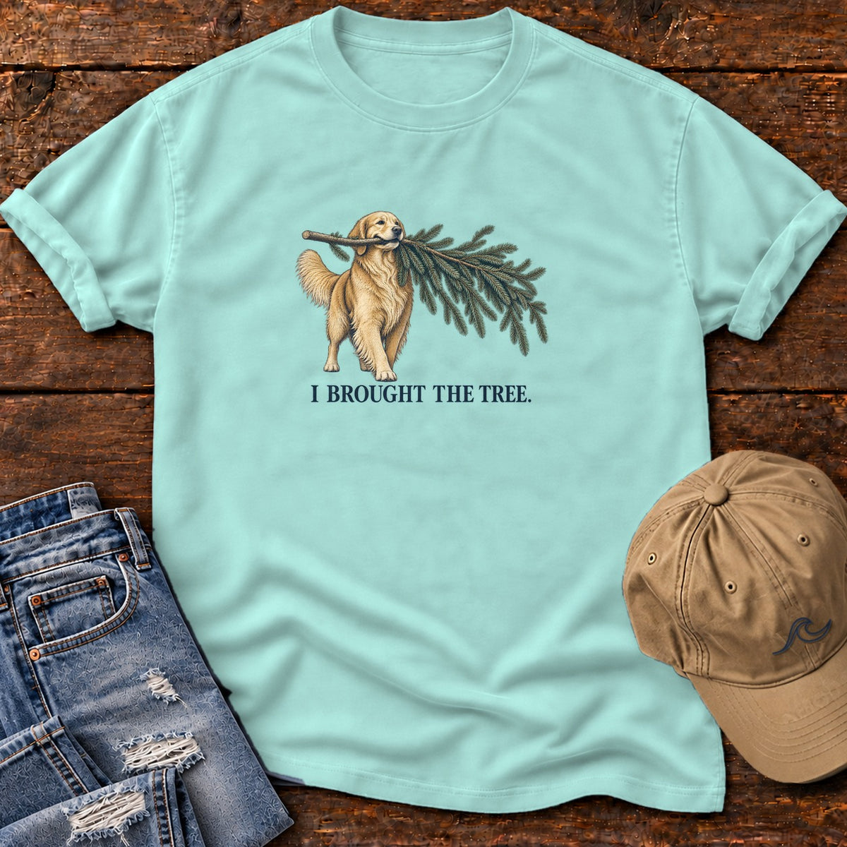 I Brought the Tree Golden Retriever T-Shirt in Chalky Mint, Salty Paws Comfort Colors T-Shirt, front design flat lay