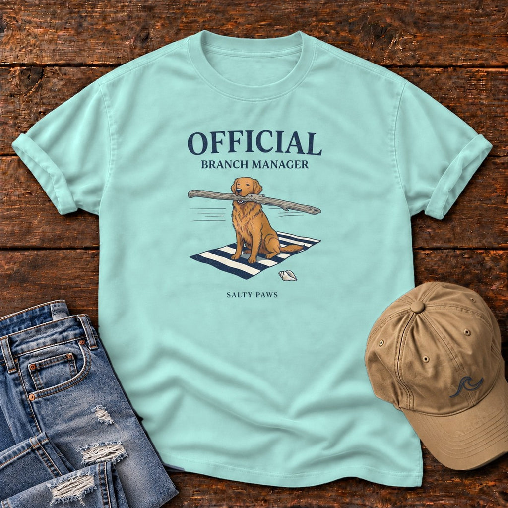 Official Branch Manager Golden Retriever Comfort Colors T-Shirt in Chalky Mint, front design flat lay