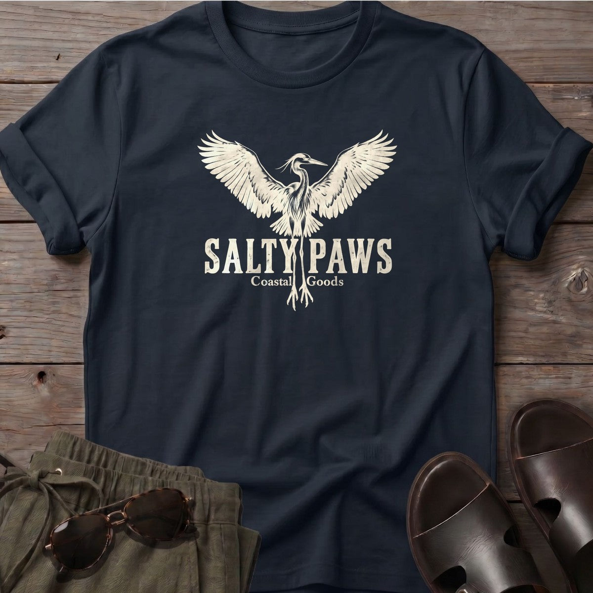 Rising Heron Salty Paws Coastal Goods T-Shirt in Black, Salty Paws T-Shirt, front design flat lay