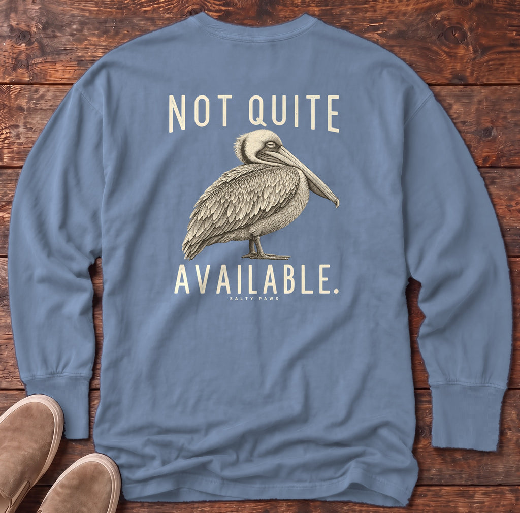 Not Quite Available Pelican Back Design Long Sleeve Tee in Blue Jean, Salty Paws Comfort Colors Long Sleeve Tee, back design flat lay