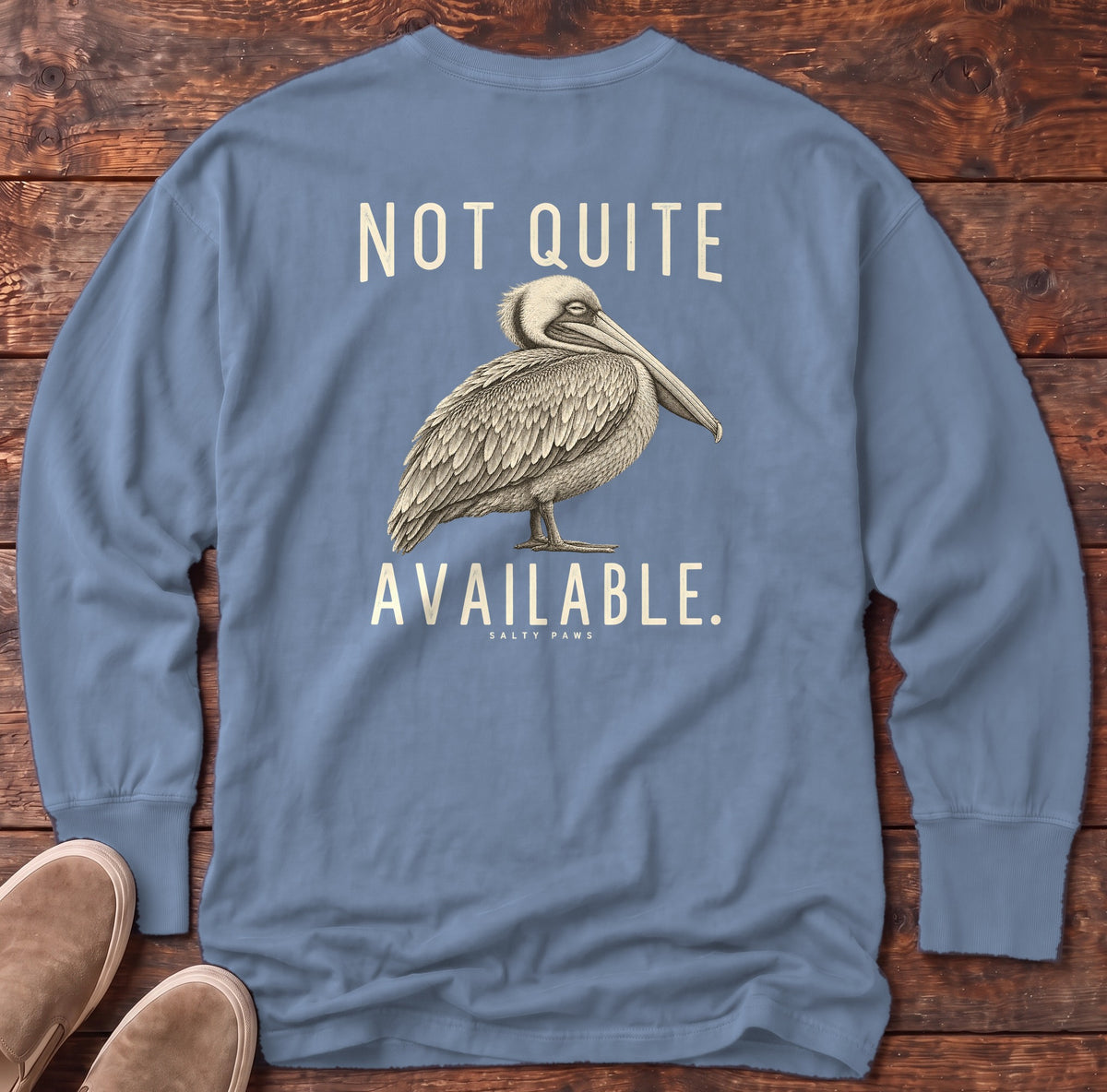Not Quite Available Pelican Back Design Long Sleeve Tee in Blue Jean, Salty Paws Comfort Colors Long Sleeve Tee, back design flat lay