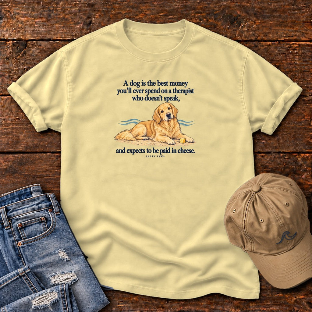 Paid in Cheese Golden Retriever T-Shirt in Butter, Salty Paws Comfort Colors T-Shirt, front design flat lay