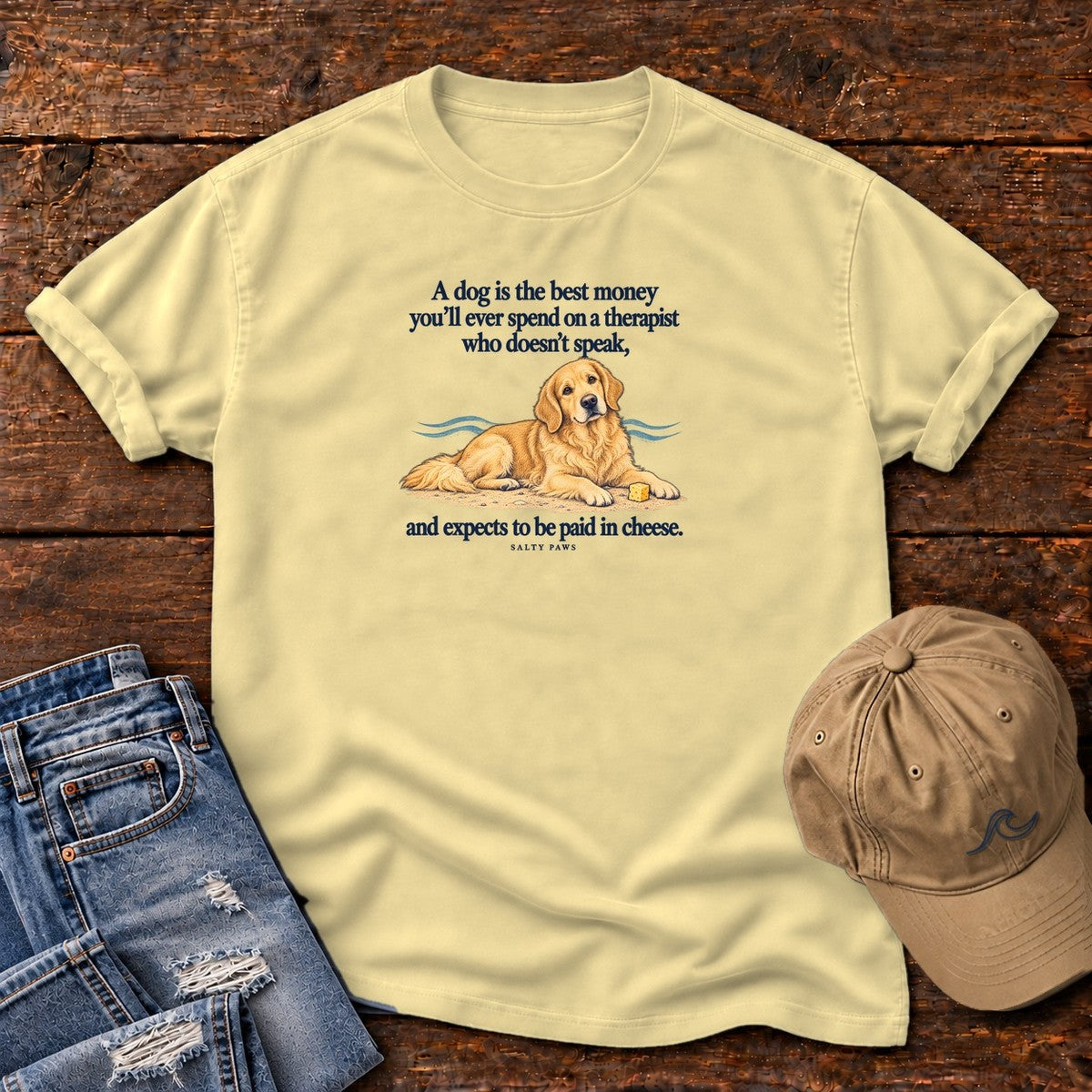 Paid in Cheese Golden Retriever T-Shirt in Butter, Salty Paws Comfort Colors T-Shirt, front design flat lay