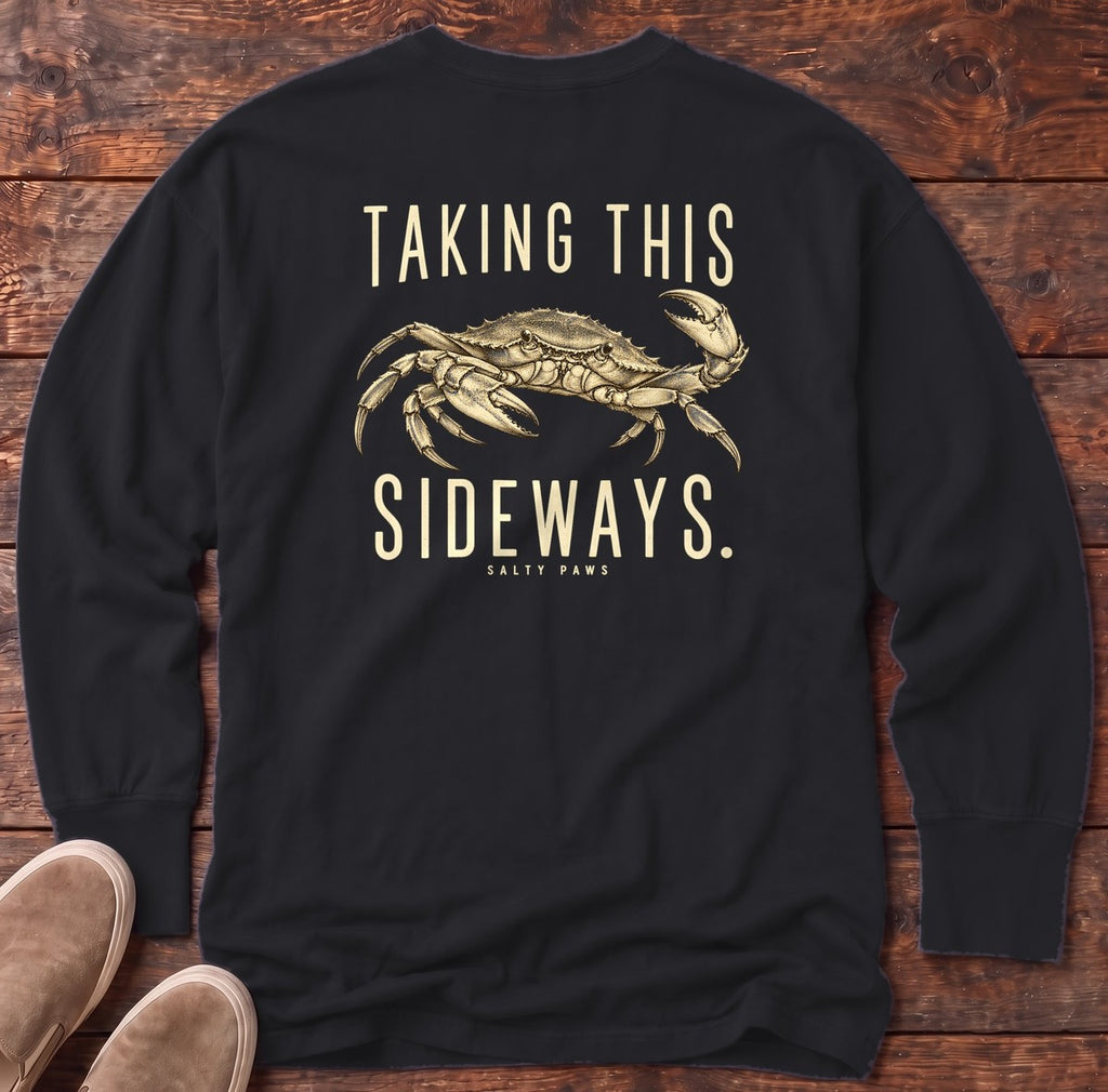 Taking This Sideways Crab Back Design Long Sleeve Tee in Black, Salty Paws Comfort Colors Long Sleeve Tee, back design flat lay