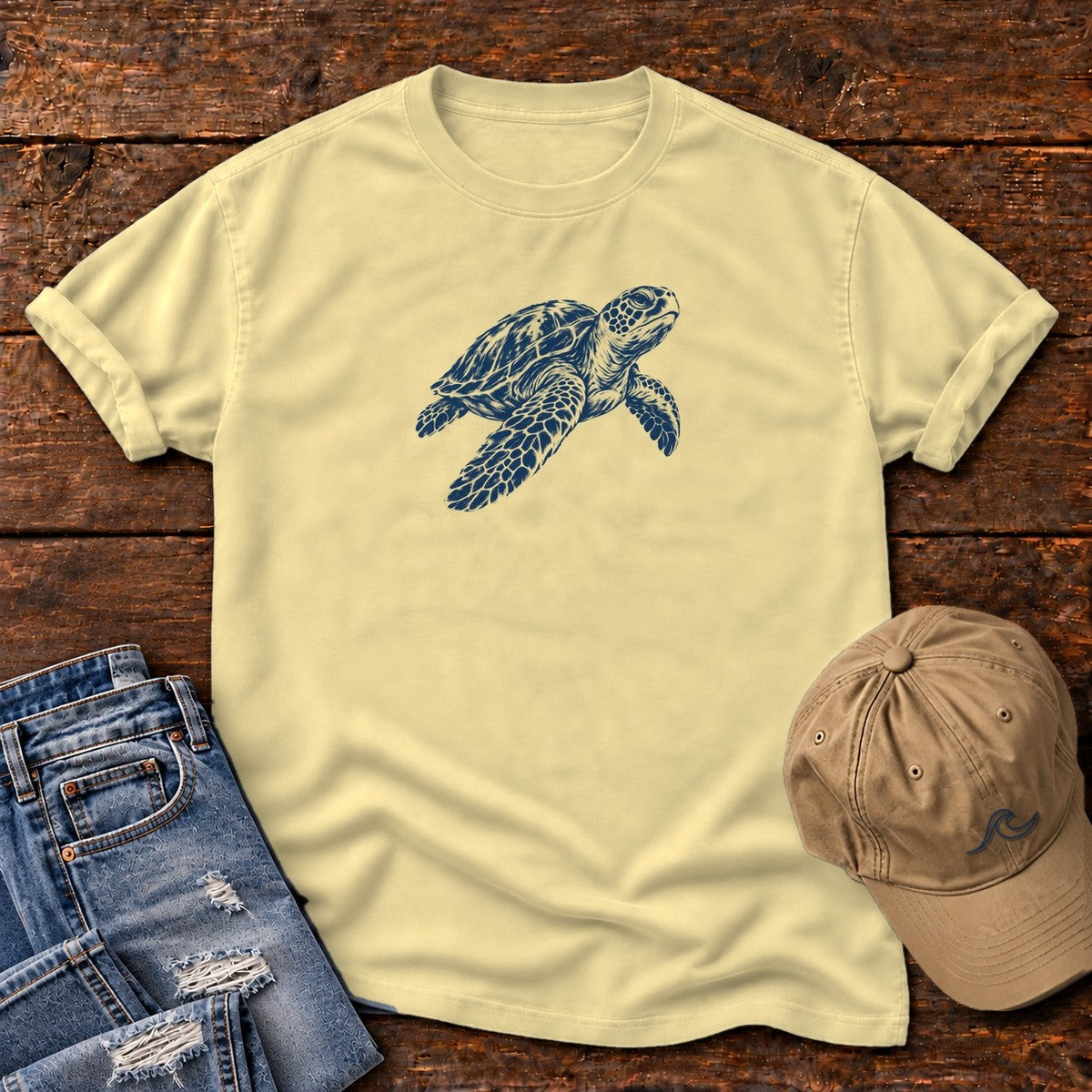 Sea Turtle T-Shirt in Butter, Salty Paws Comfort Colors T-Shirt, front design flat lay