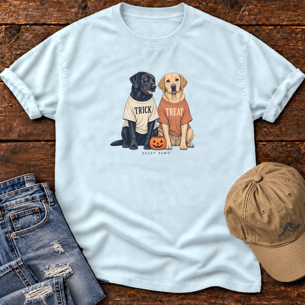 Trick or Treat Labs T-Shirt in Chambray, Salty Paws Comfort Colors T-Shirt, front design flat lay