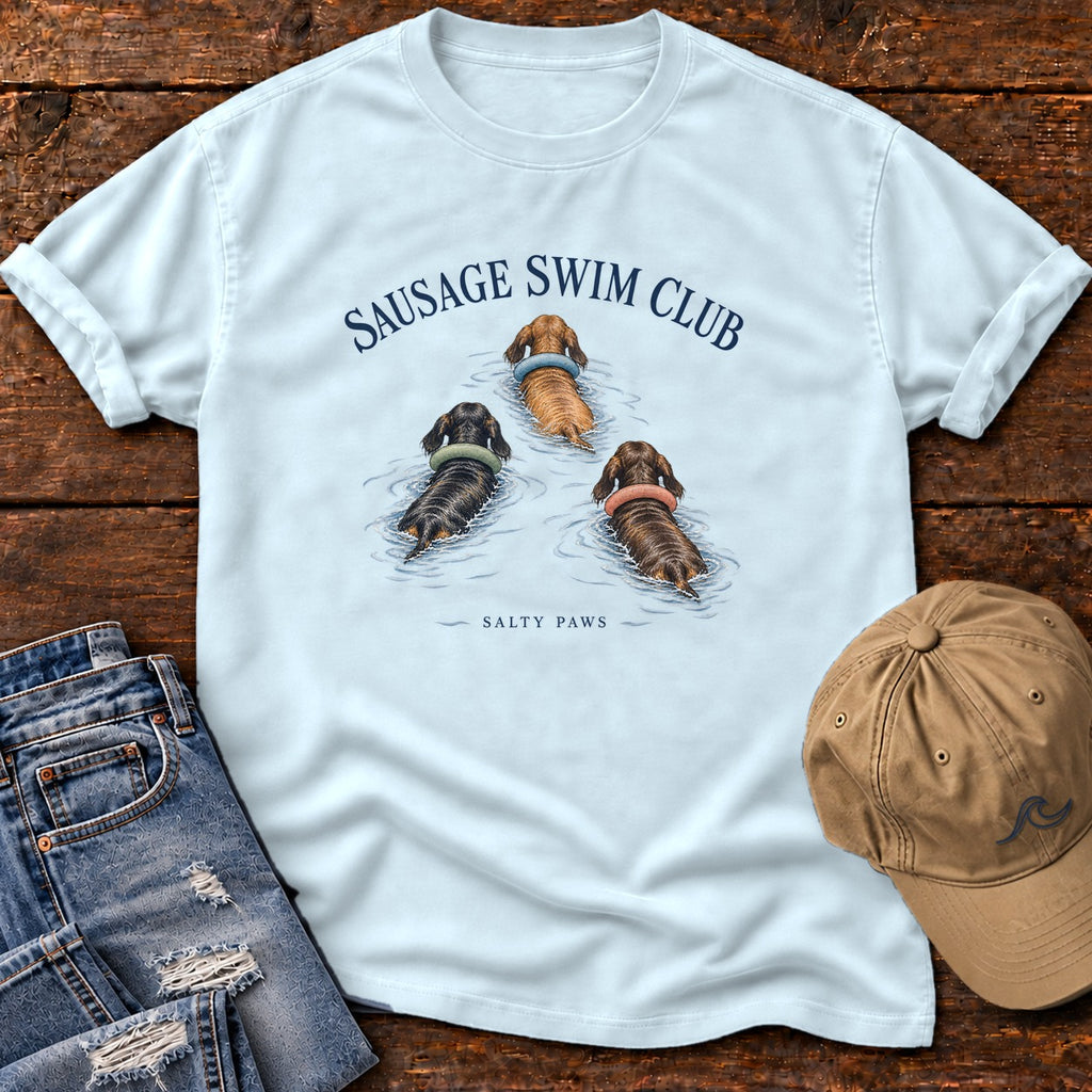 Sausage Swim Club Dachshund Trio T-Shirt in Chambray, Salty Paws Comfort Colors T-Shirt, front design flat lay