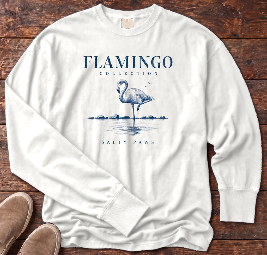 Flamingo Collection Long Sleeve Tee in White, Salty Paws Comfort Colors long sleeve tee