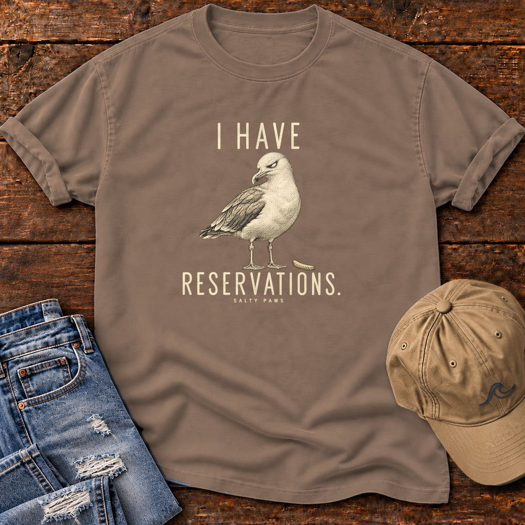 I Have Reservations Seagull T-Shirt in Espresso, Salty Paws Comfort Colors T-Shirt, front design flat lay