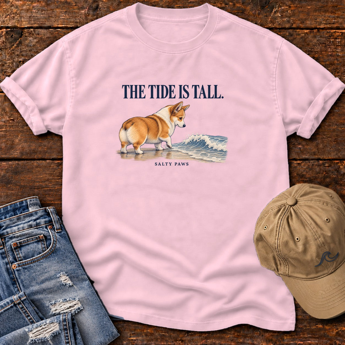 The Tide Is Tall Corgi T-Shirt in Blossom, Salty Paws Comfort Colors T-Shirt, front design flat lay