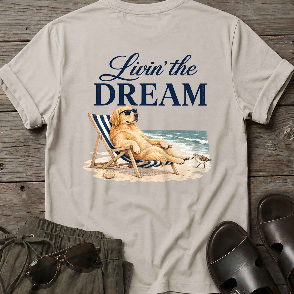 Livin' the Dream Golden Retriever Back Design T-Shirt in Ice Grey, Salty Paws coastal t-shirt