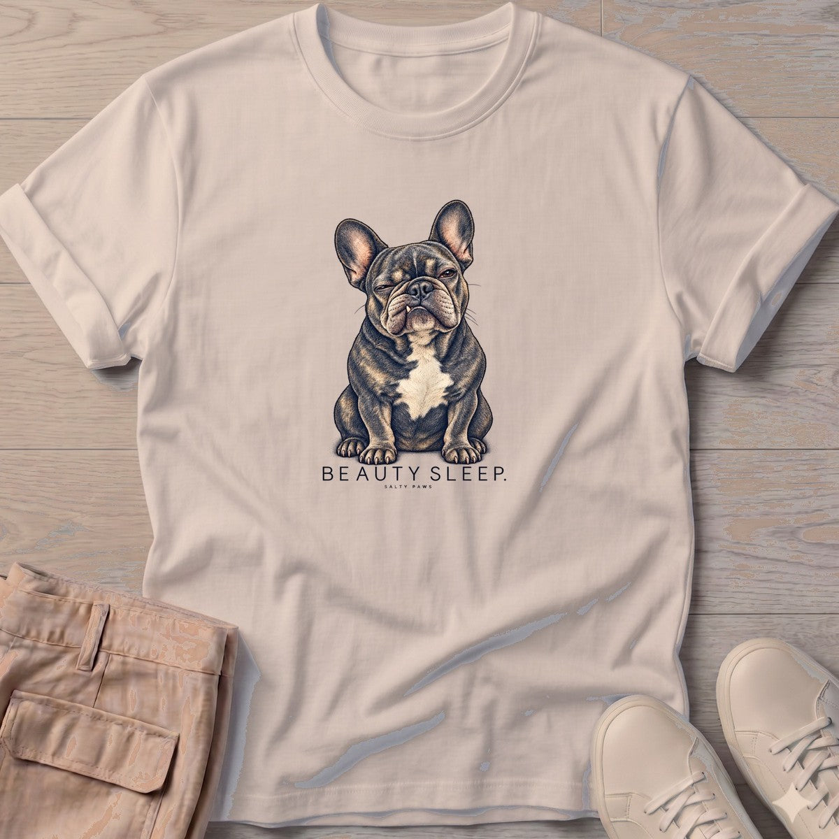 Beauty Sleep French Bulldog T-Shirt in Sand, Salty Paws T-Shirt, front design flat lay