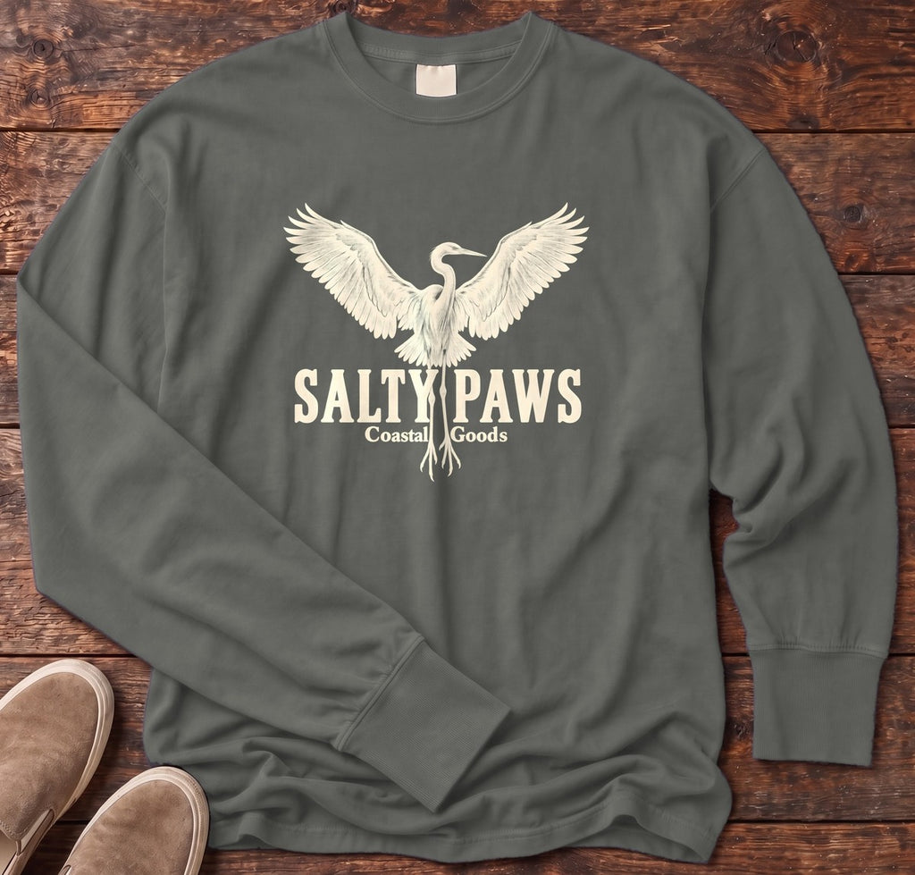 Rising Egret Salty Paws Coastal Goods Long Sleeve Tee in Pepper, Salty Paws Comfort Colors Long Sleeve Tee, front design flat lay