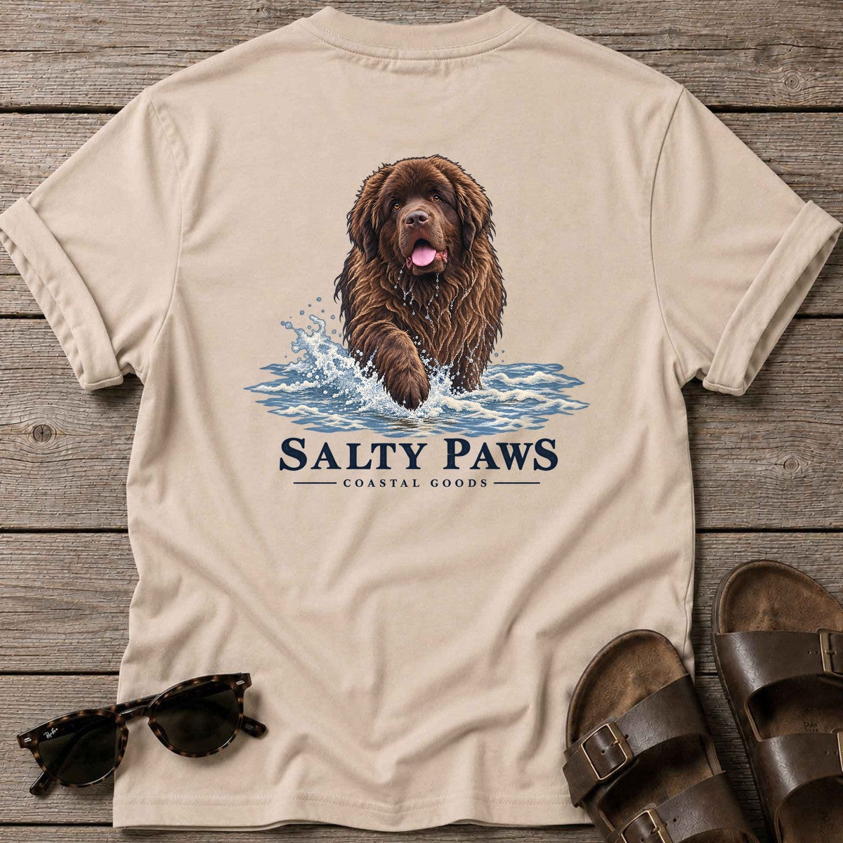 Brown Newfoundland Surf Back Design T-Shirt in Sand, Salty Paws T-Shirt, back design flat lay