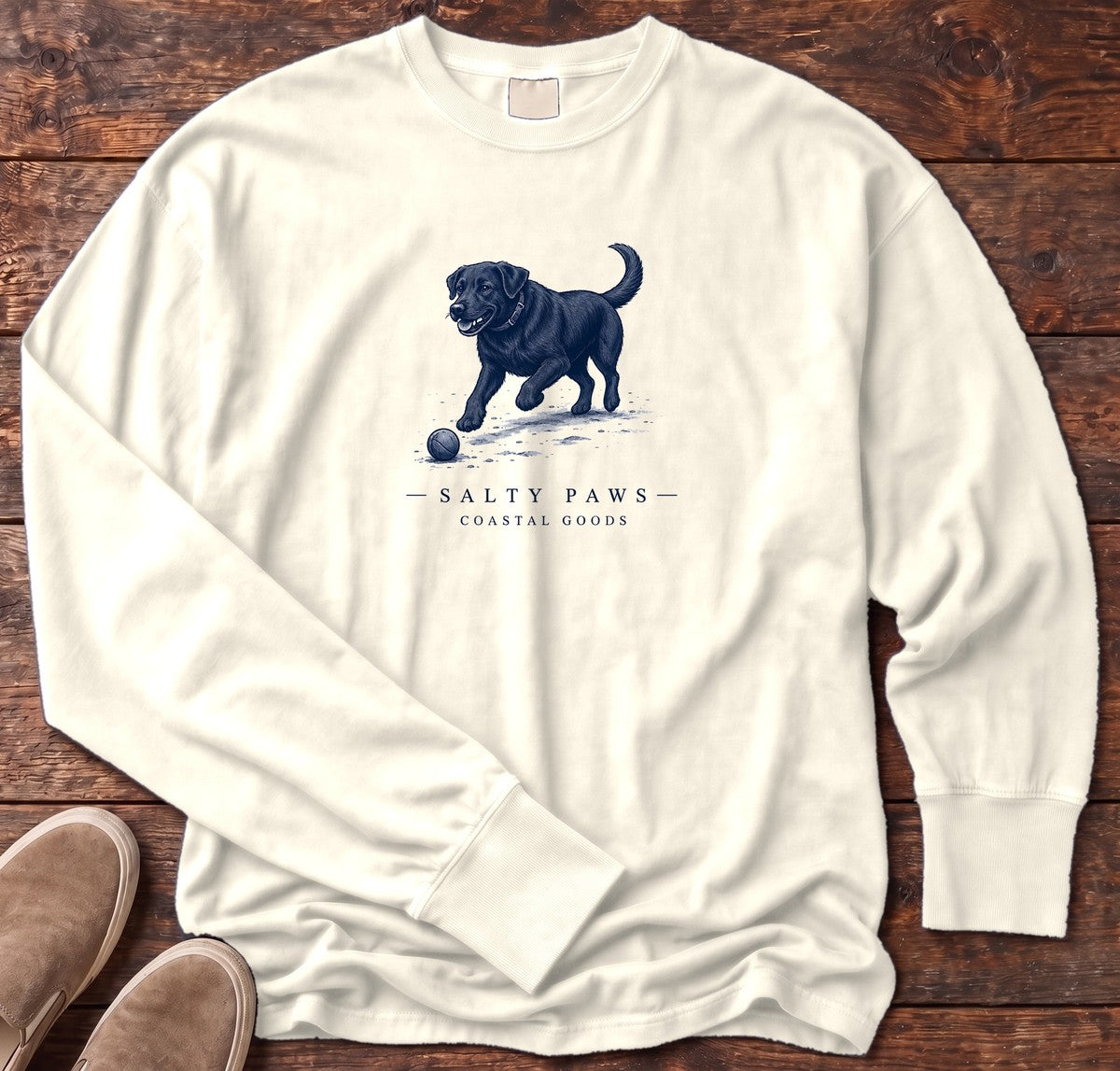 Black Labrador Ball Long Sleeve Tee in Ivory, Salty Paws Comfort Colors long sleeve tee