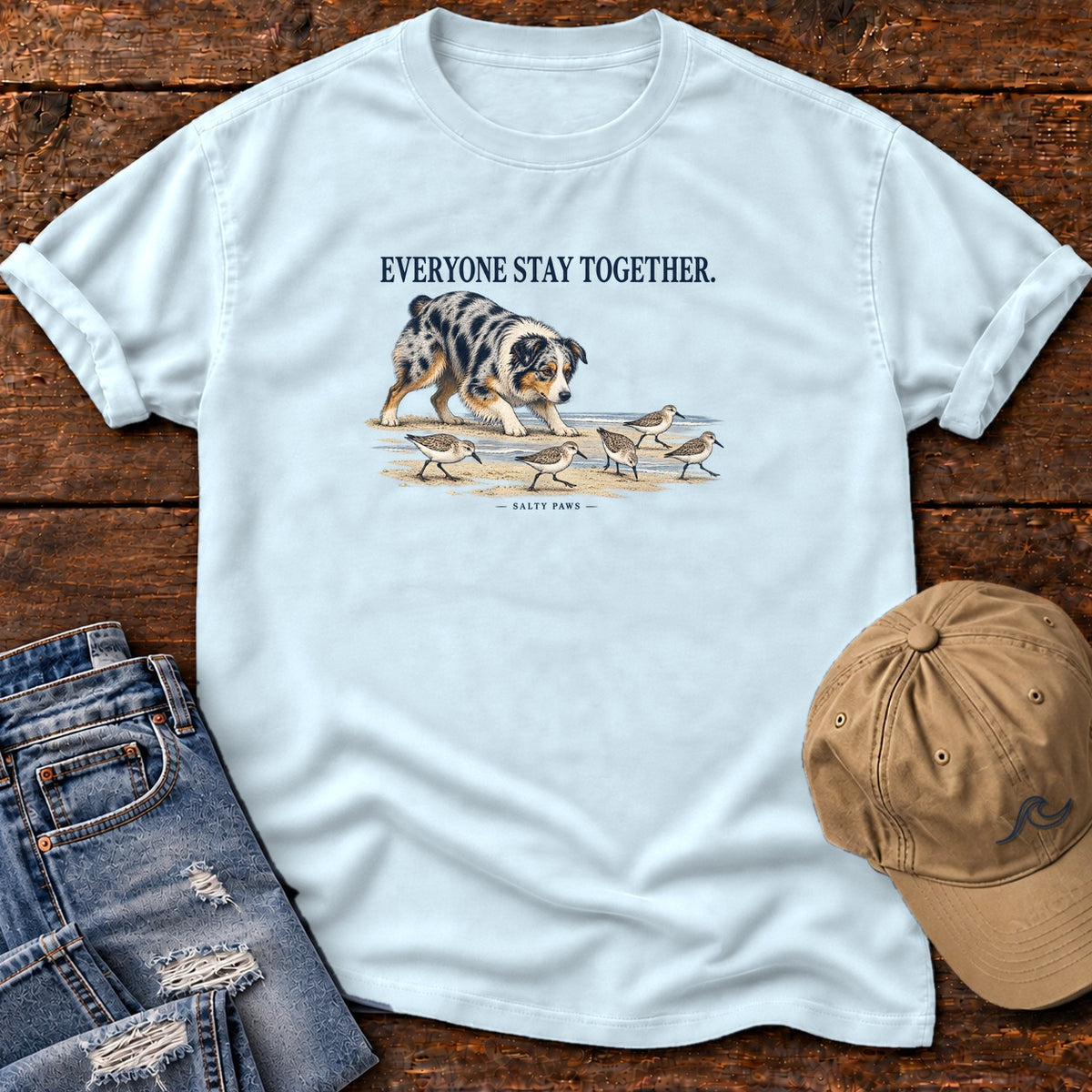 Everyone Stay Together Australian Shepherd T-Shirt in Chambray, Salty Paws Comfort Colors T-Shirt, front design flat lay