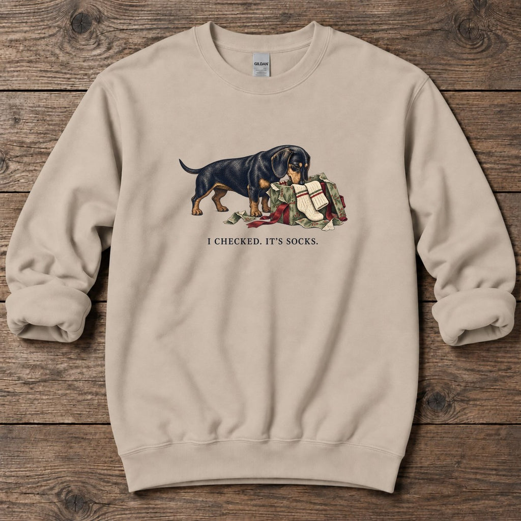 I Checked It's Socks Dachshund Midweight Sweatshirt in Sand, Salty Paws Midweight Sweatshirt, front design flat lay