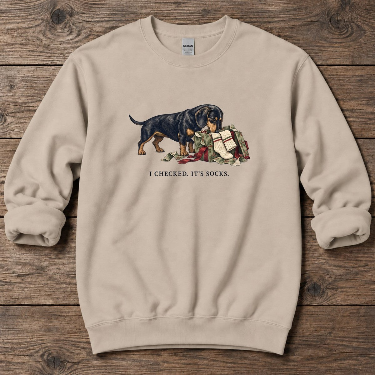 I Checked It's Socks Dachshund Midweight Sweatshirt in Sand, Salty Paws Midweight Sweatshirt, front design flat lay