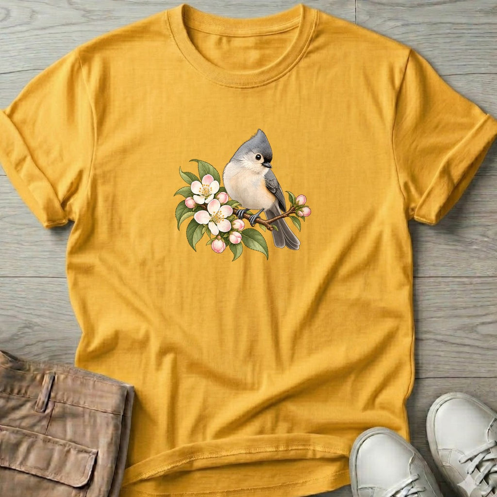Tufted Titmouse Blossom T-Shirt in Daisy, Salty Paws coastal t-shirt