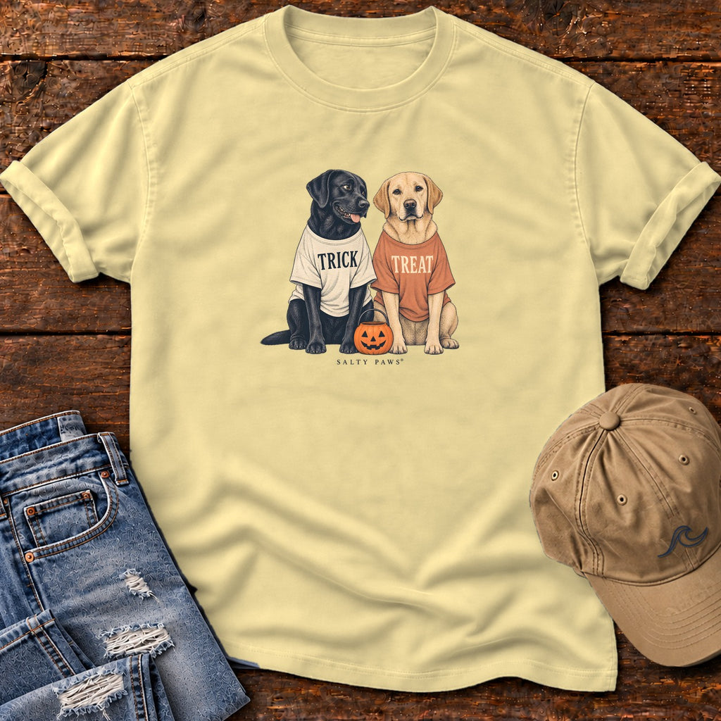Trick or Treat Labs T-Shirt in Butter, Salty Paws Comfort Colors T-Shirt, front design flat lay