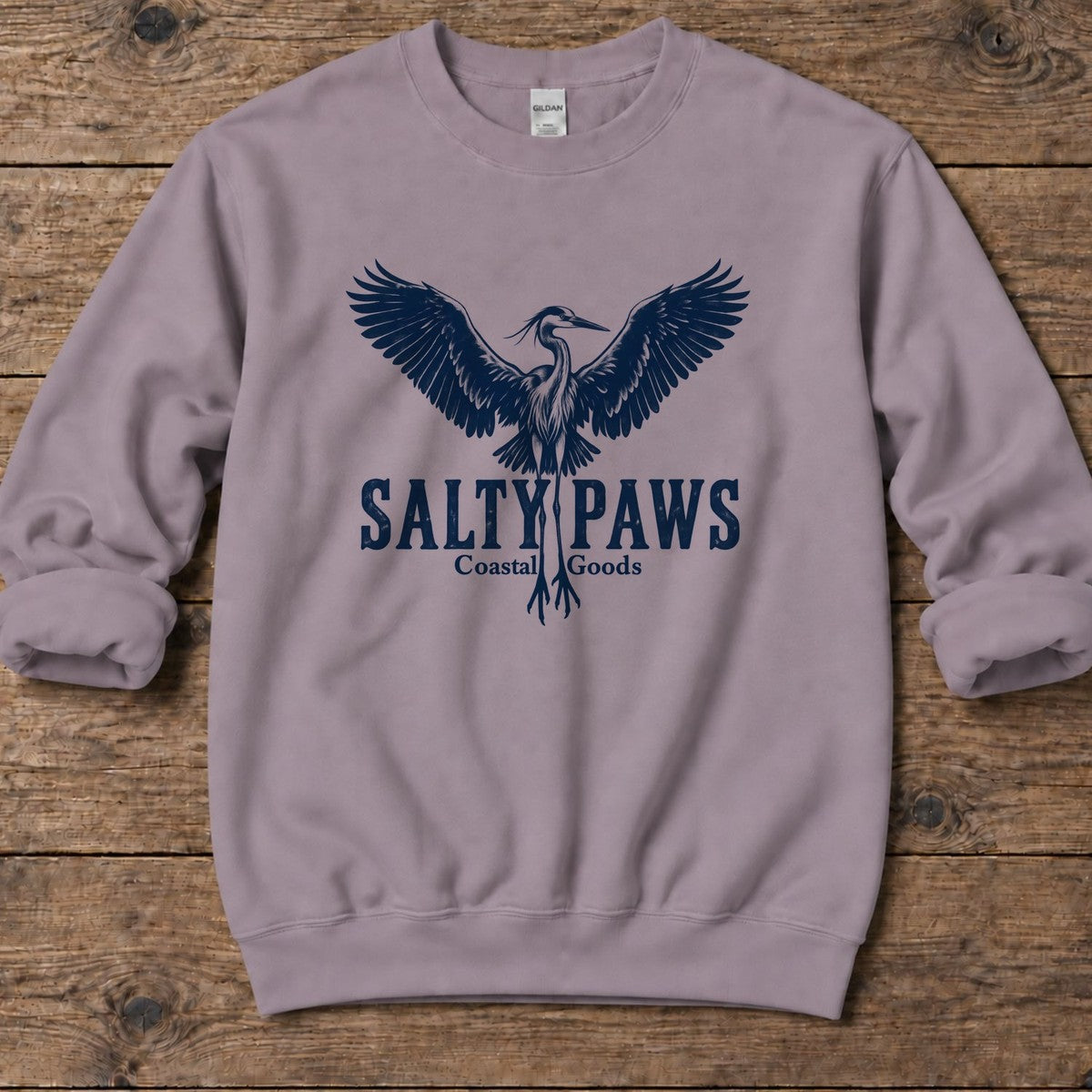 Rising Heron Salty Paws Coastal Goods Midweight Sweatshirt in Paragon, Salty Paws Midweight Sweatshirt, front design flat lay