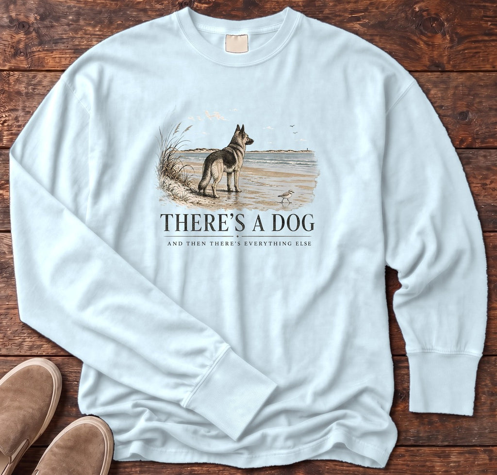 There's a Dog Shepherd Long Sleeve Tee in Chambray, Salty Paws Comfort Colors long sleeve tee