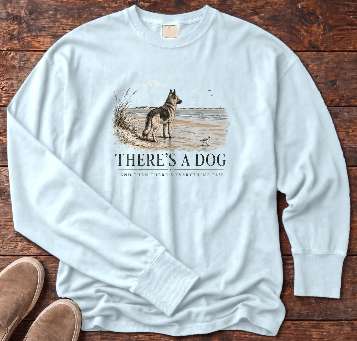 There's a Dog Shepherd Long Sleeve Tee in Chambray, Salty Paws Comfort Colors long sleeve tee