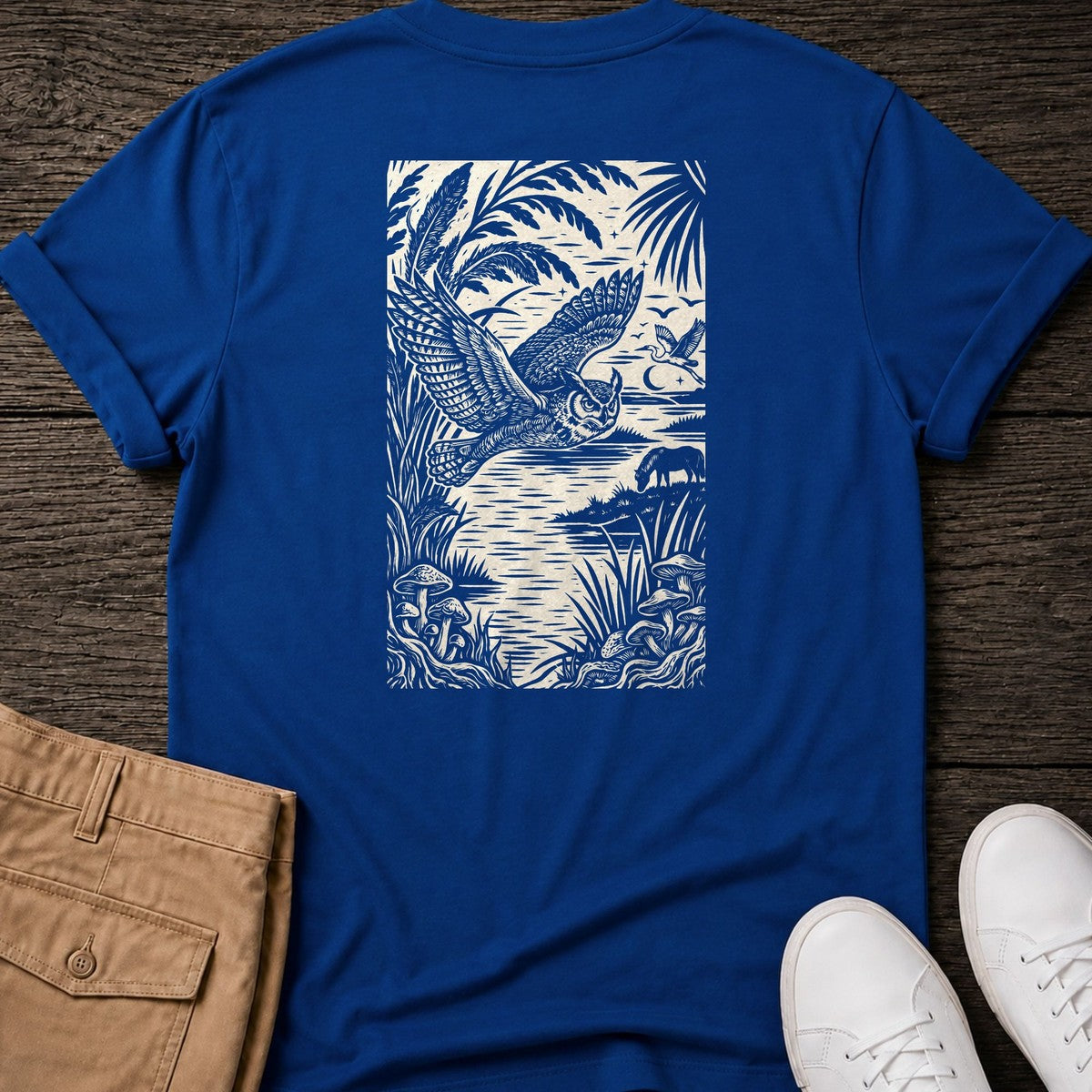 Owl Woodcut Back Design T-Shirt in Royal, Salty Paws coastal t-shirt