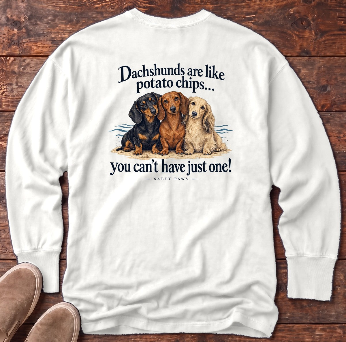 Dachshunds Are Like Potato Chips Back Design Long Sleeve Tee in White, Salty Paws Comfort Colors Long Sleeve Tee, back design flat lay