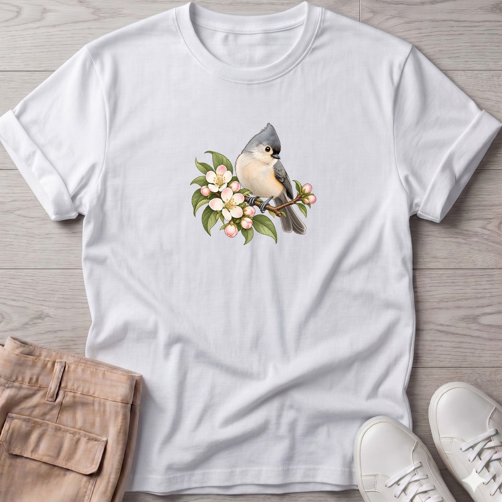 Tufted Titmouse Blossom T-Shirt in White, Salty Paws coastal t-shirt