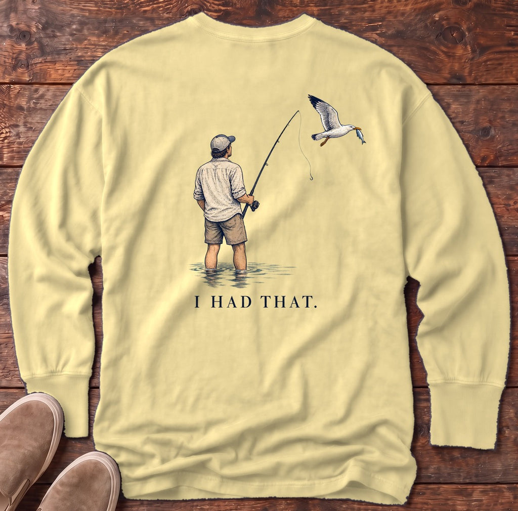 I Had That Seagull Back Design Long Sleeve Tee in Butter, Salty Paws Comfort Colors Long Sleeve Tee, back design flat lay